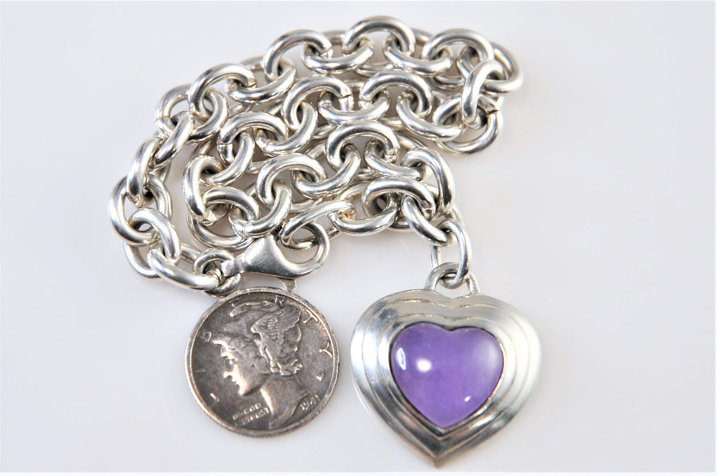 925 CNA Thailand Sterling Silver Purple Jade Heart Tag Rolo Bracelet
