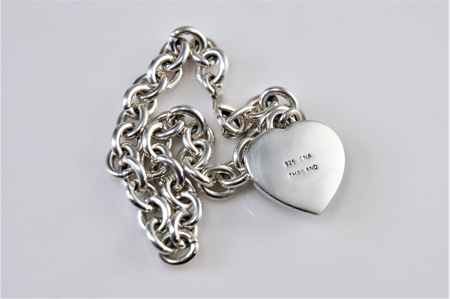 925 CNA Thailand Sterling Silver Purple Jade Heart Tag Rolo Bracelet