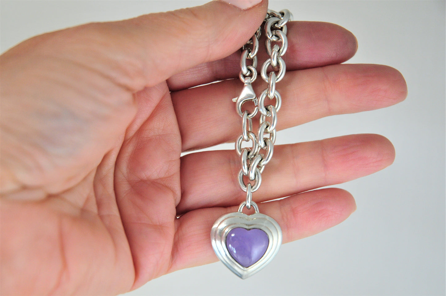 925 CNA Thailand Sterling Silver Purple Jade Heart Tag Rolo Bracelet