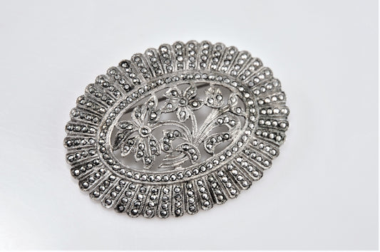 Large Vintage Sterling Silver Marcasite Brooch