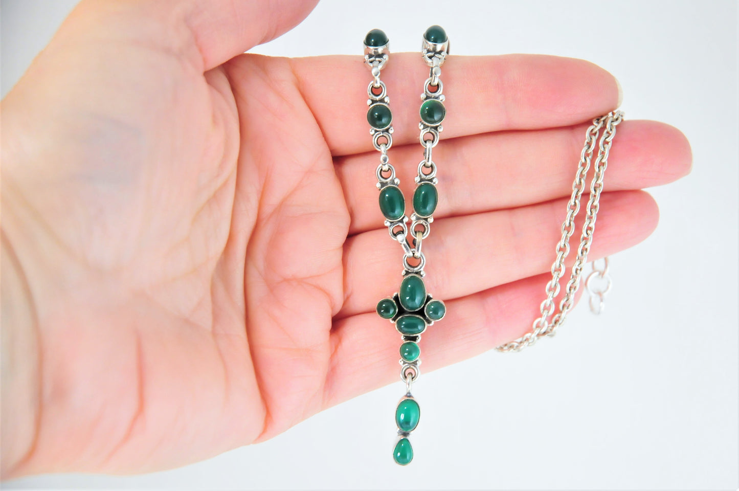 Sterling Silver Green Onyx Y Necklace