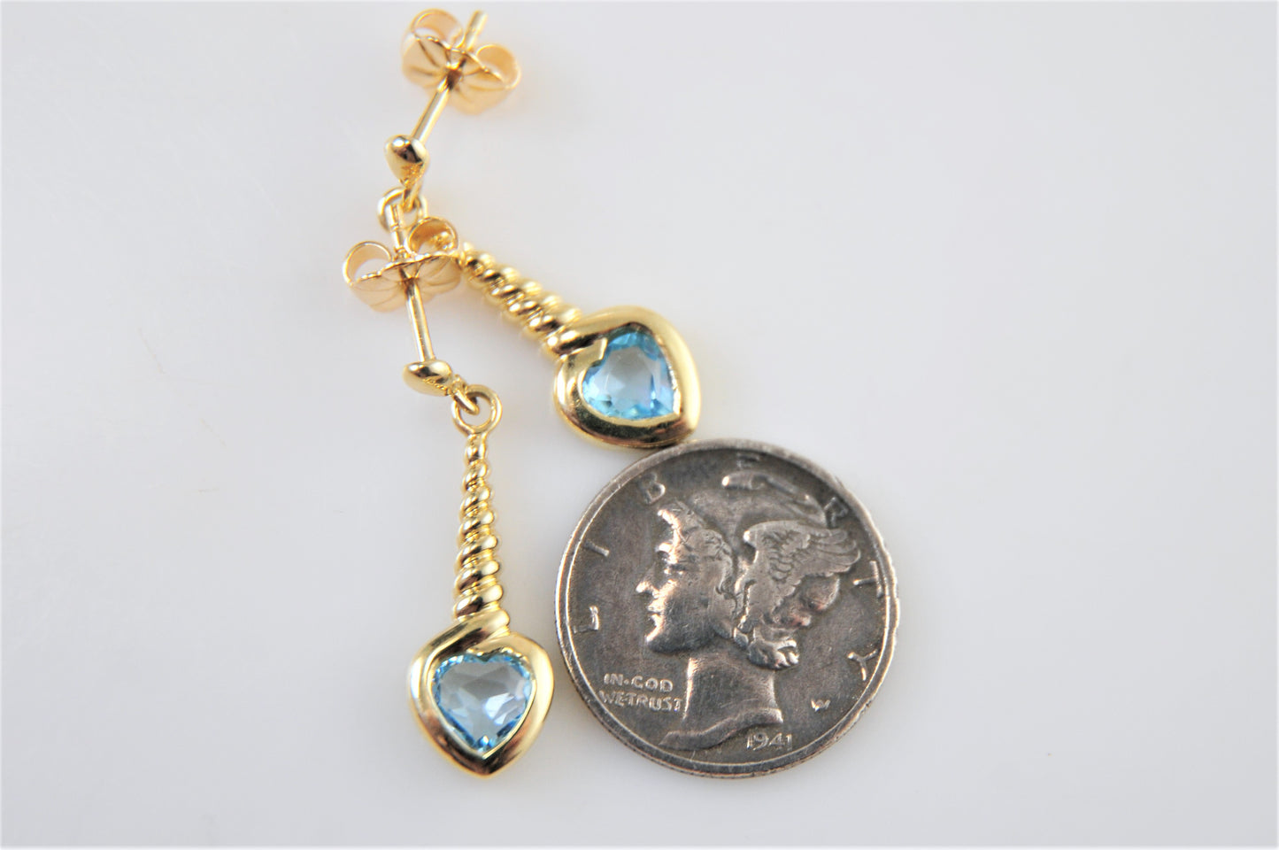 14K Gold Blue Topaz Heart Earrings