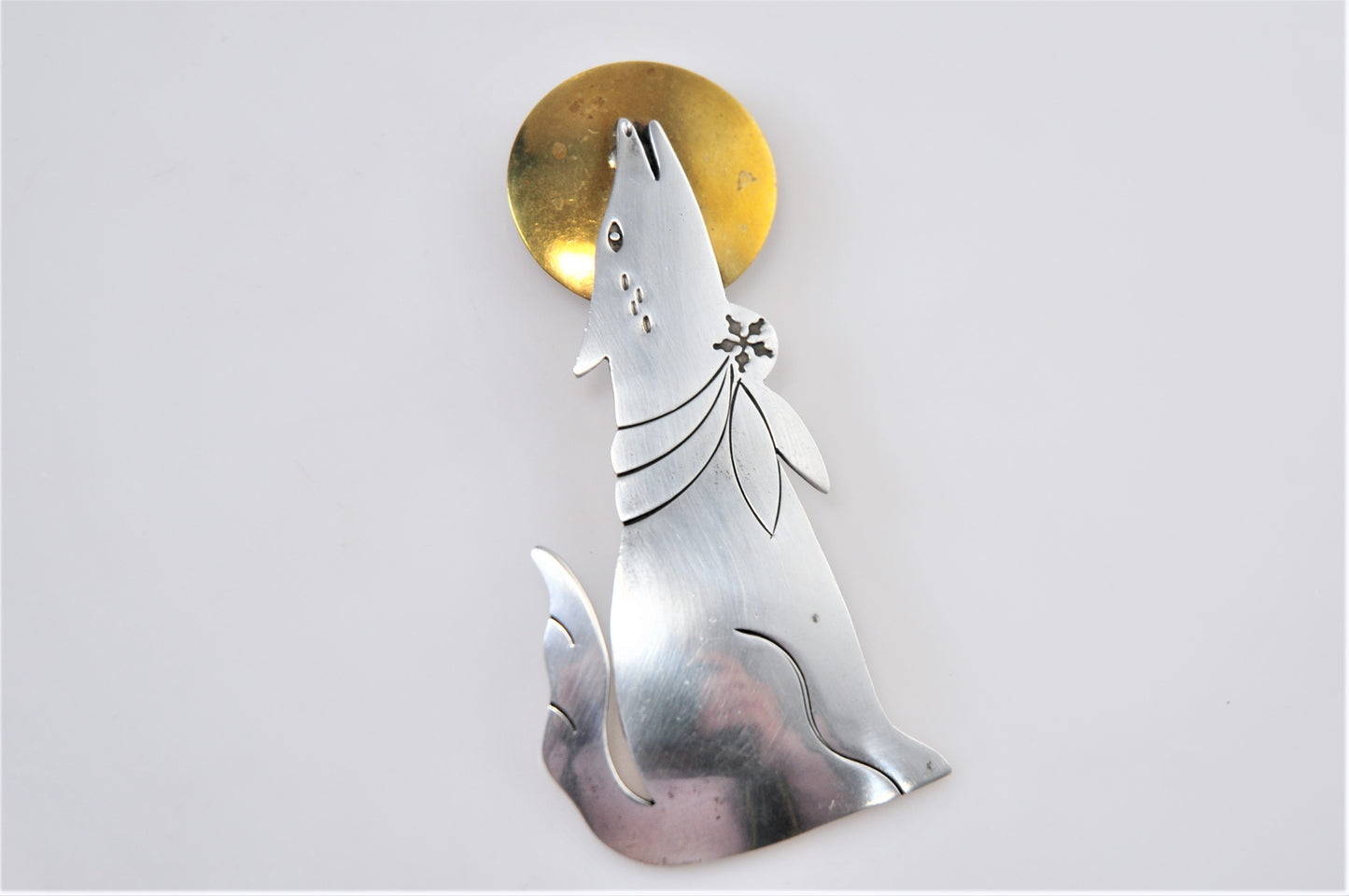 Large Taxco Southwestern Sterling Silver Brass Howling Wolf Moon Brooch