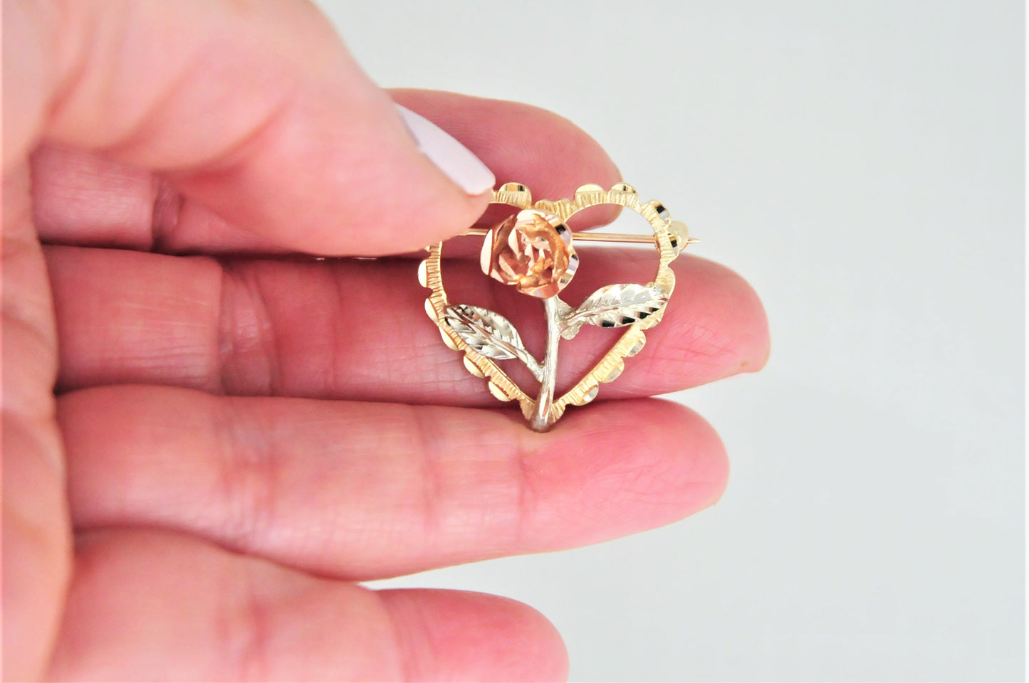 14K Gold Michael Anthony Tri Color Rose Heart Brooch