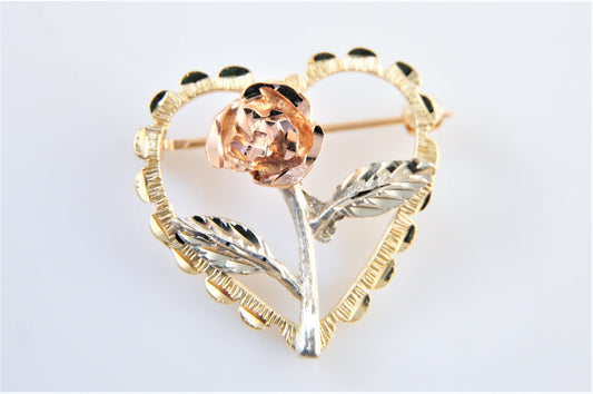 14K Gold Michael Anthony Tri Color Rose Heart Brooch