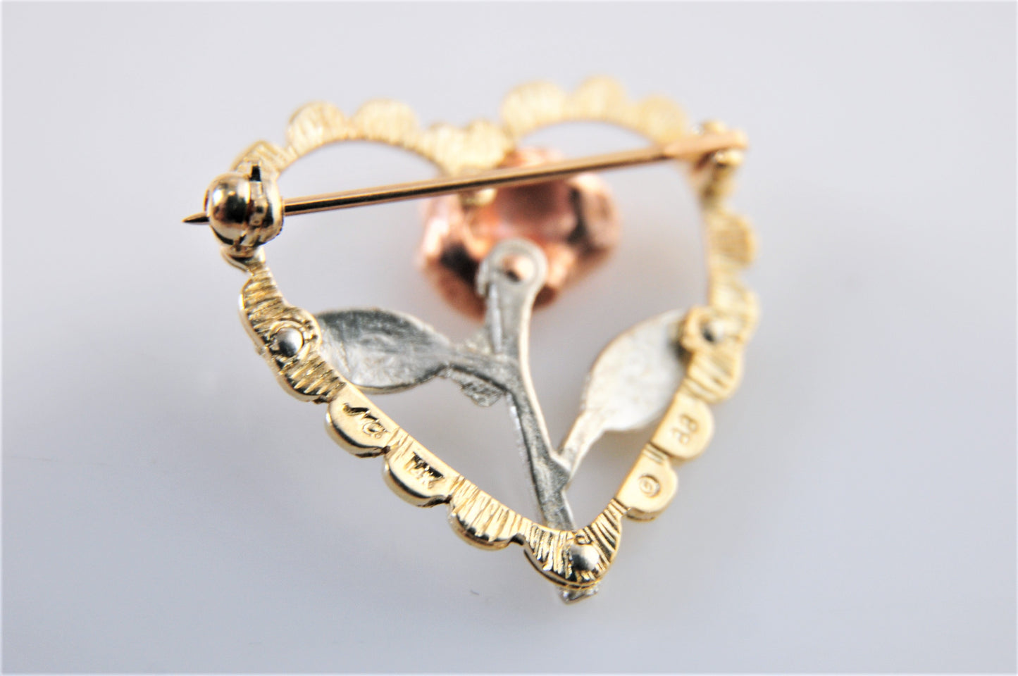 14K Gold Michael Anthony Tri Color Rose Heart Brooch