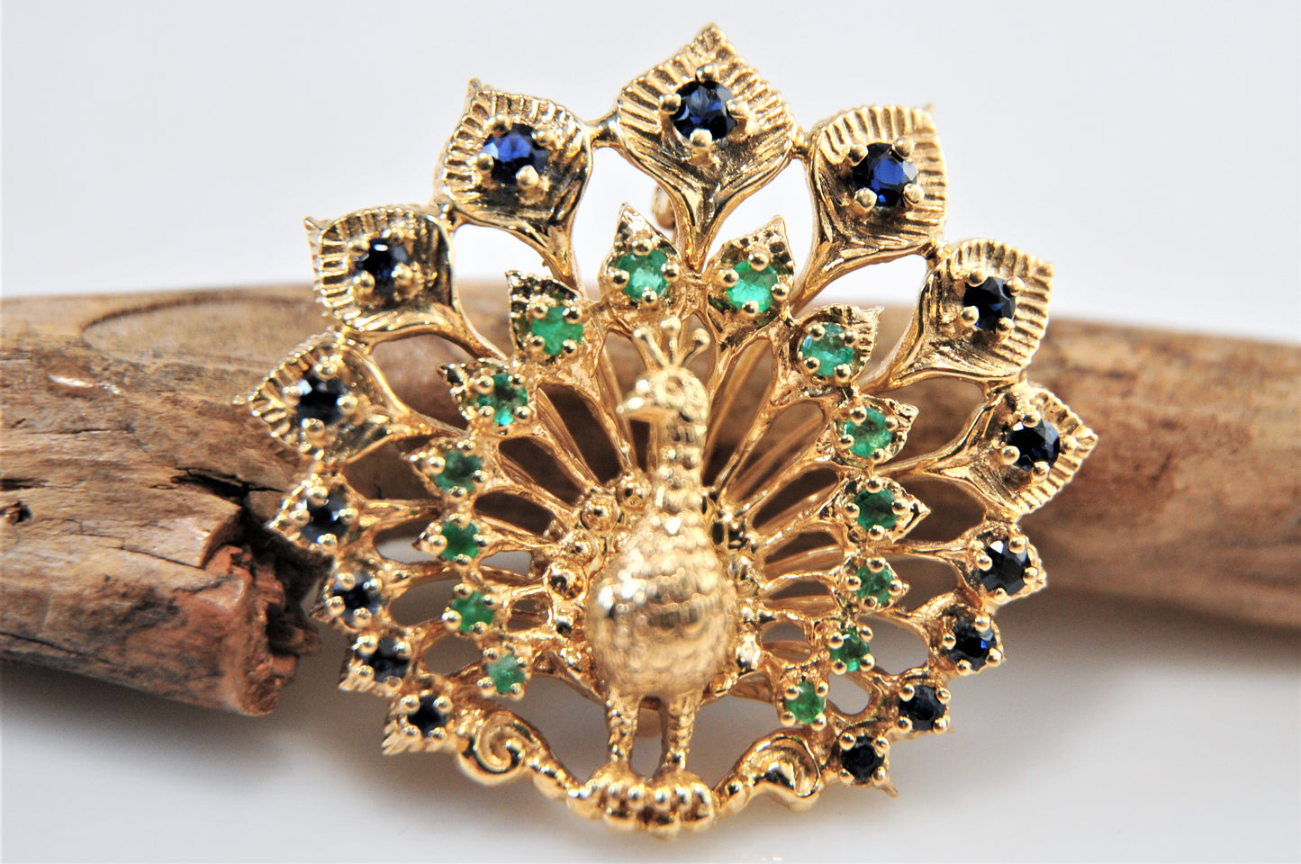 Franklin Mint 14K Gold Sapphire Emerald Jeweled Peacock Brooch Pendant