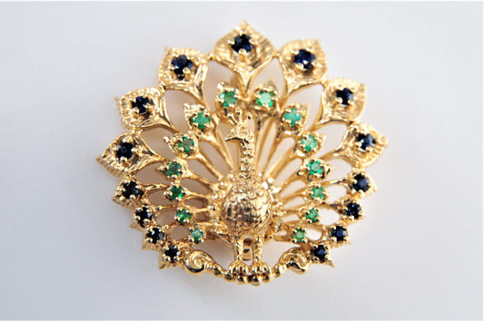 Franklin Mint 14K Gold Sapphire Emerald Jeweled Peacock Brooch Pendant