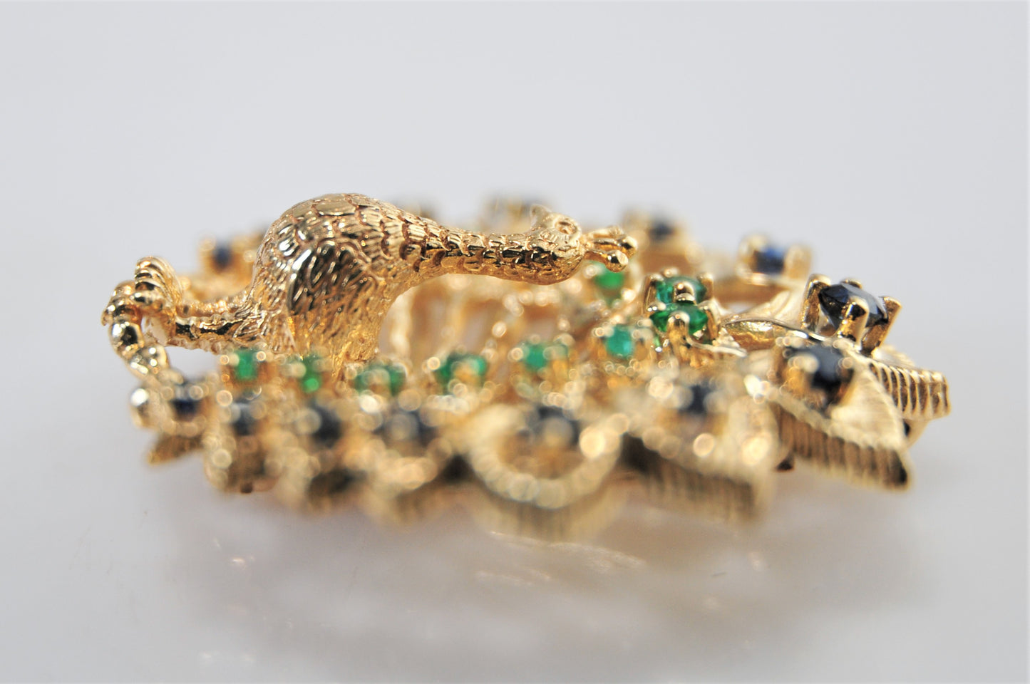 Franklin Mint 14K Gold Sapphire Emerald Jeweled Peacock Brooch Pendant