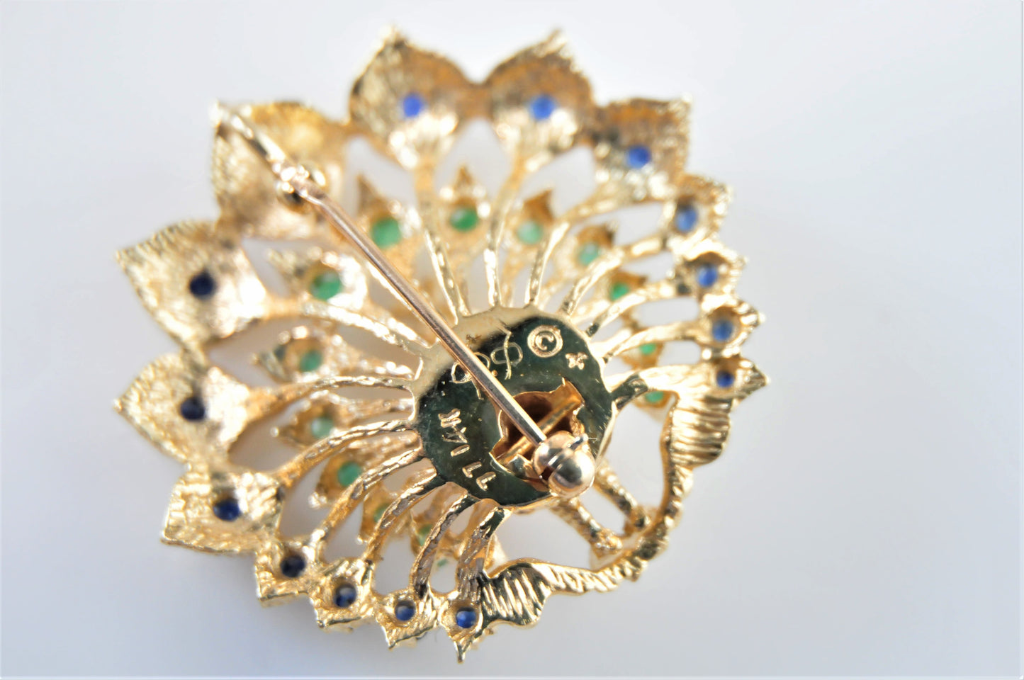 Franklin Mint 14K Gold Sapphire Emerald Jeweled Peacock Brooch Pendant