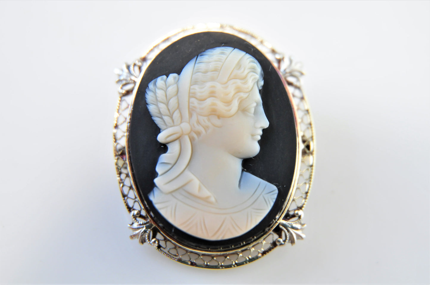 14K Gold Cameo on Black Stone Brooch