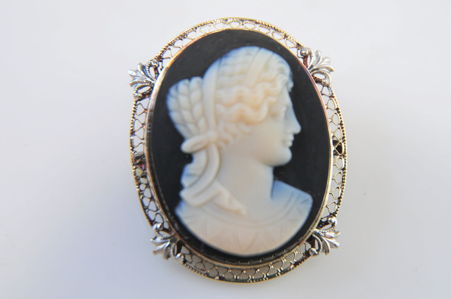 14K Gold Cameo on Black Stone Brooch