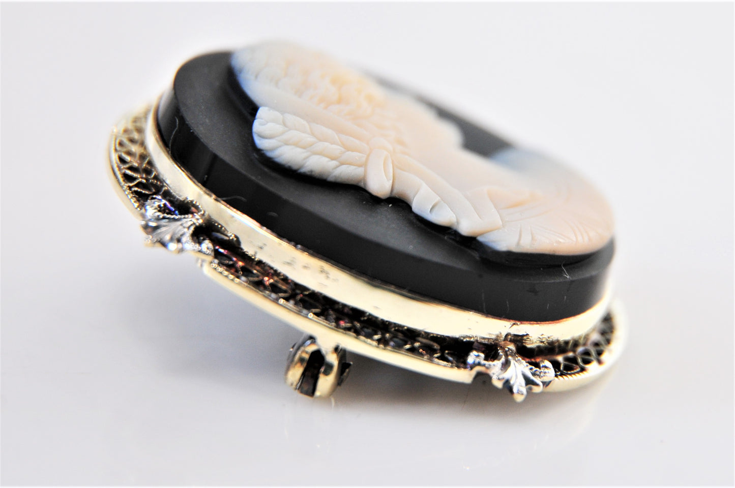 14K Gold Cameo on Black Stone Brooch