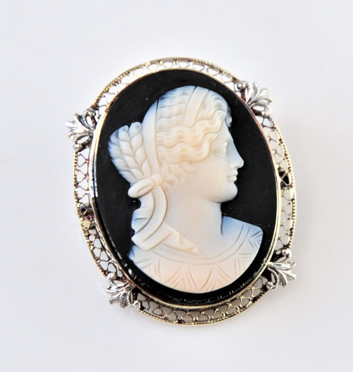 14K Gold Cameo on Black Stone Brooch