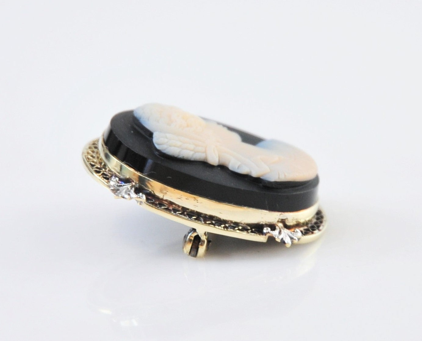 14K Gold Cameo on Black Stone Brooch