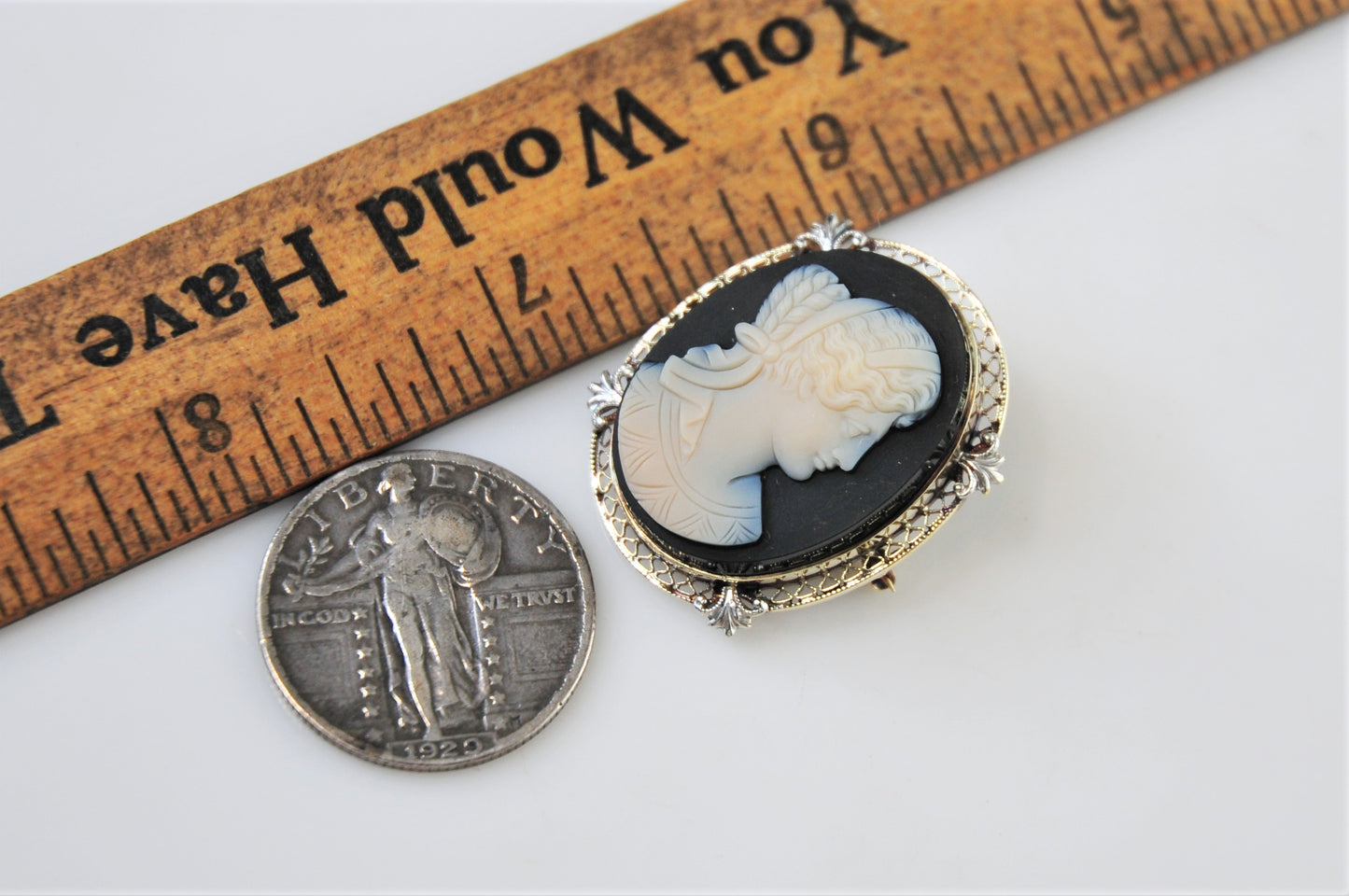 14K Gold Cameo on Black Stone Brooch