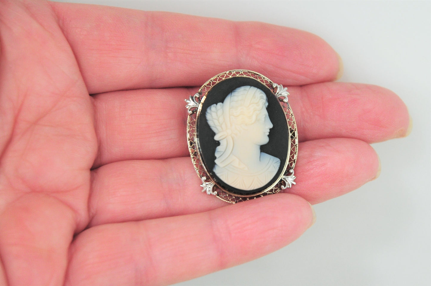 14K Gold Cameo on Black Stone Brooch