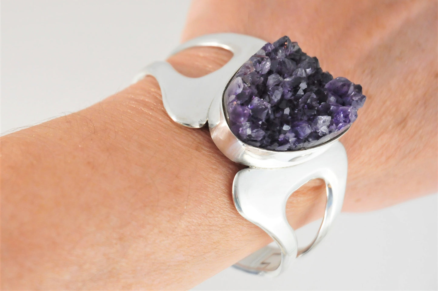 Large and Heavy Taxco 950 Silver Amethyst Druzy Bracelet