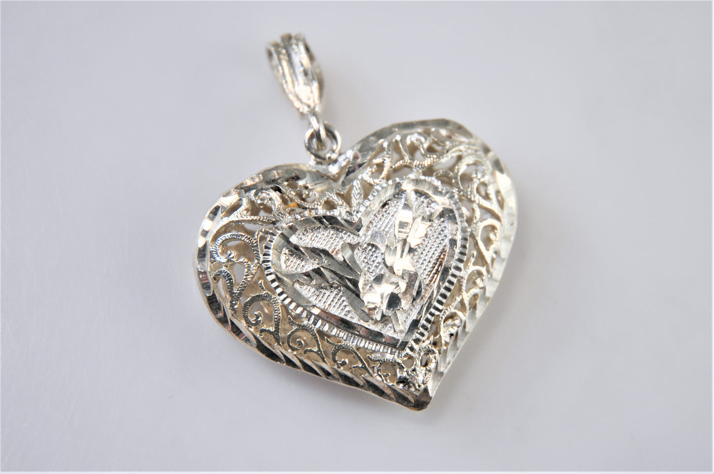 Sterling Silver Filagree Puffed Heart Love Bird Pendant
