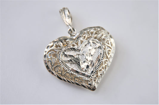 Sterling Silver Filagree Puffed Heart Love Bird Pendant