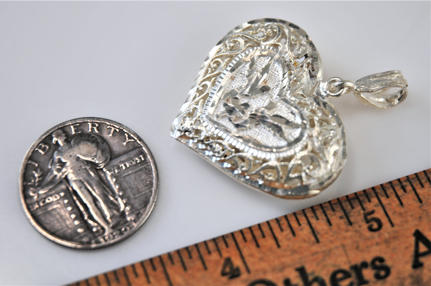 Sterling Silver Filagree Puffed Heart Love Bird Pendant