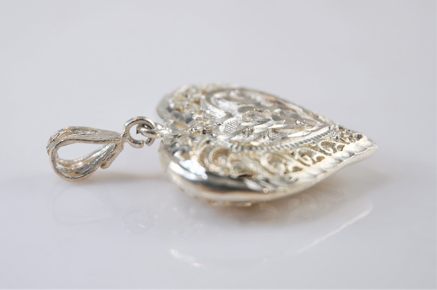 Sterling Silver Filagree Puffed Heart Love Bird Pendant