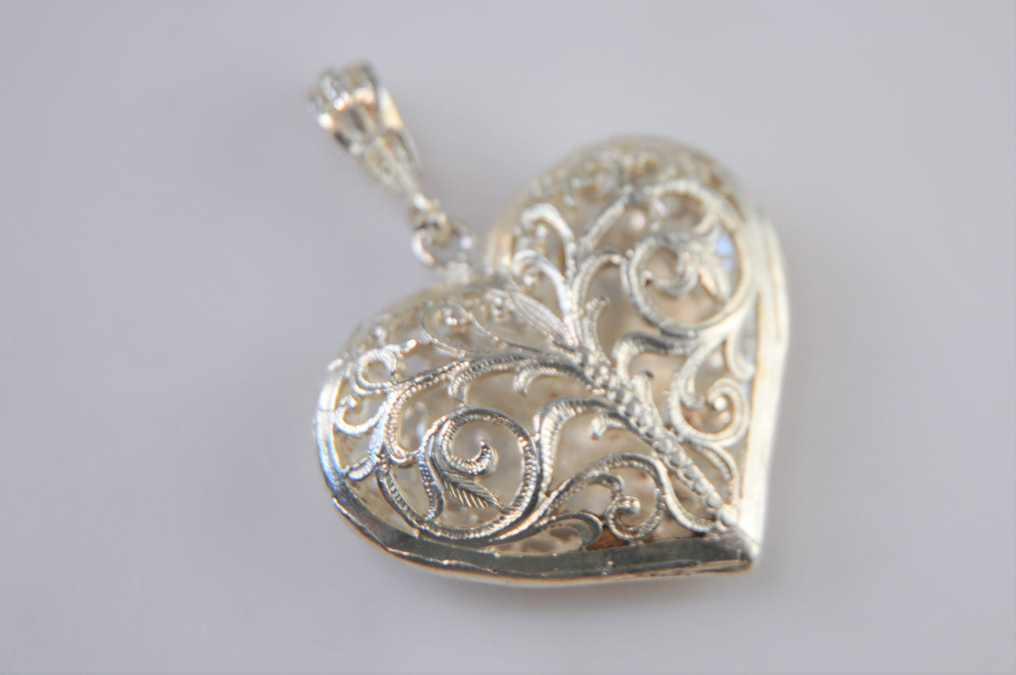 Sterling Silver Filagree Puffed Heart Love Bird Pendant