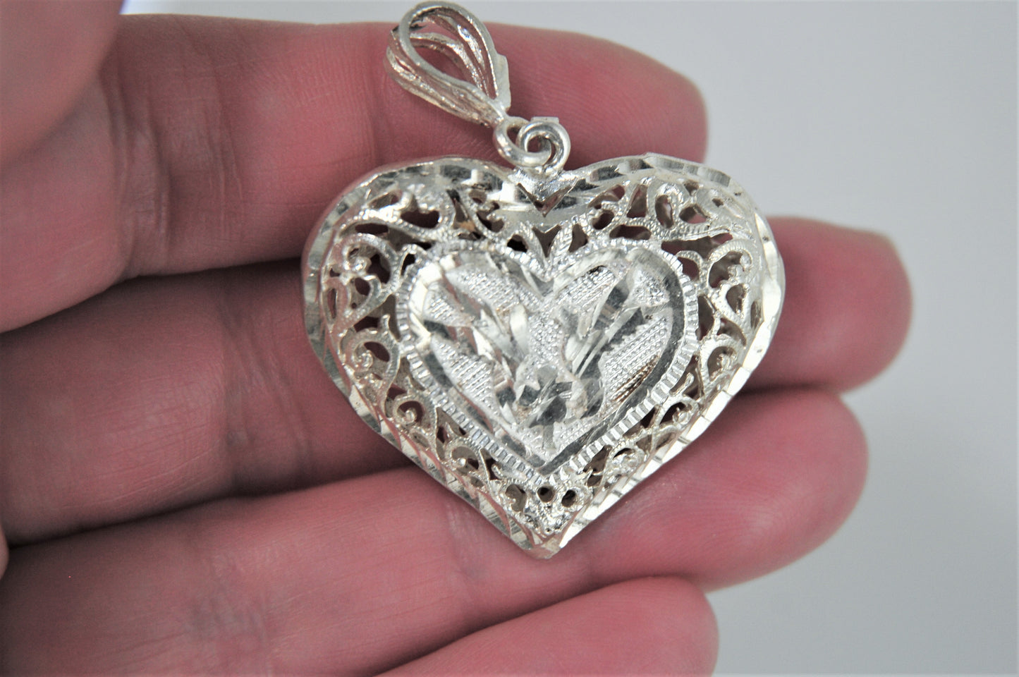Sterling Silver Filagree Puffed Heart Love Bird Pendant