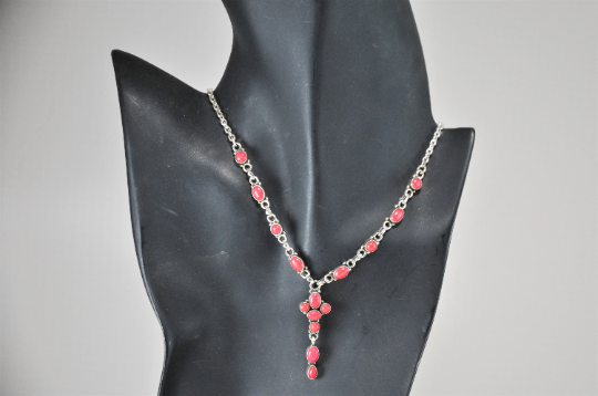 Sterling Silver Coral Y Choker Necklace - silvervintagejewelry