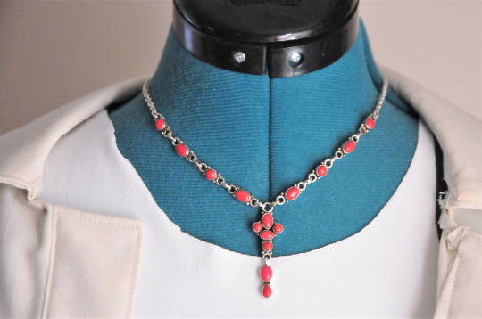 Sterling Silver Coral Y Choker Necklace - silvervintagejewelry