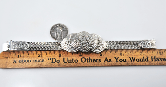 Thailand 925 Double Braided Wheat Bracelet With Repousse Floral Plate