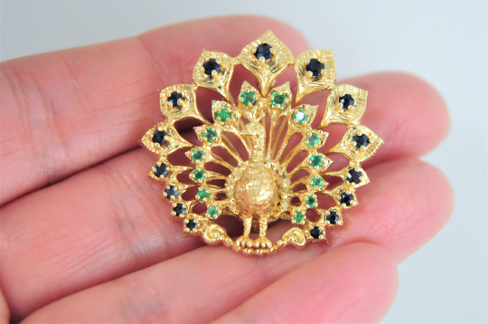 Franklin Mint 14K Gold Sapphire Emerald Jeweled Peacock Brooch Pendant