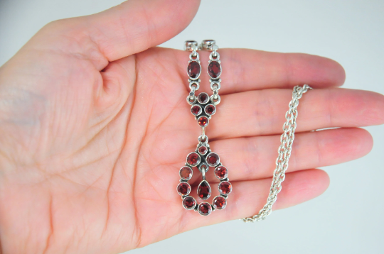 Adjustable Sterling Silver Garnet Statement Necklace - silvervintagejewelry