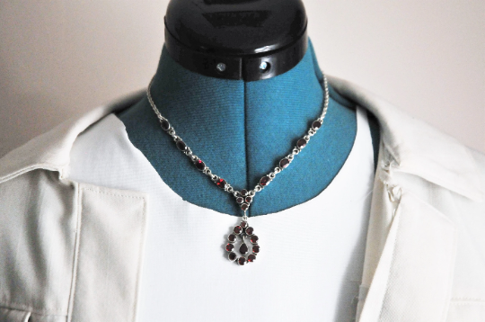 Adjustable Sterling Silver Garnet Statement Necklace - silvervintagejewelry