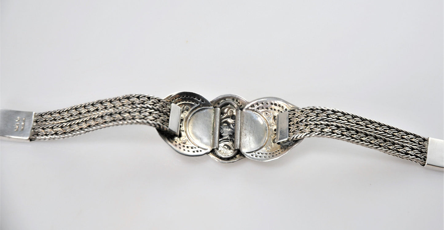 Thailand 925 Double Braided Wheat Bracelet With Repousse Floral Plate - silvervintagejewelry