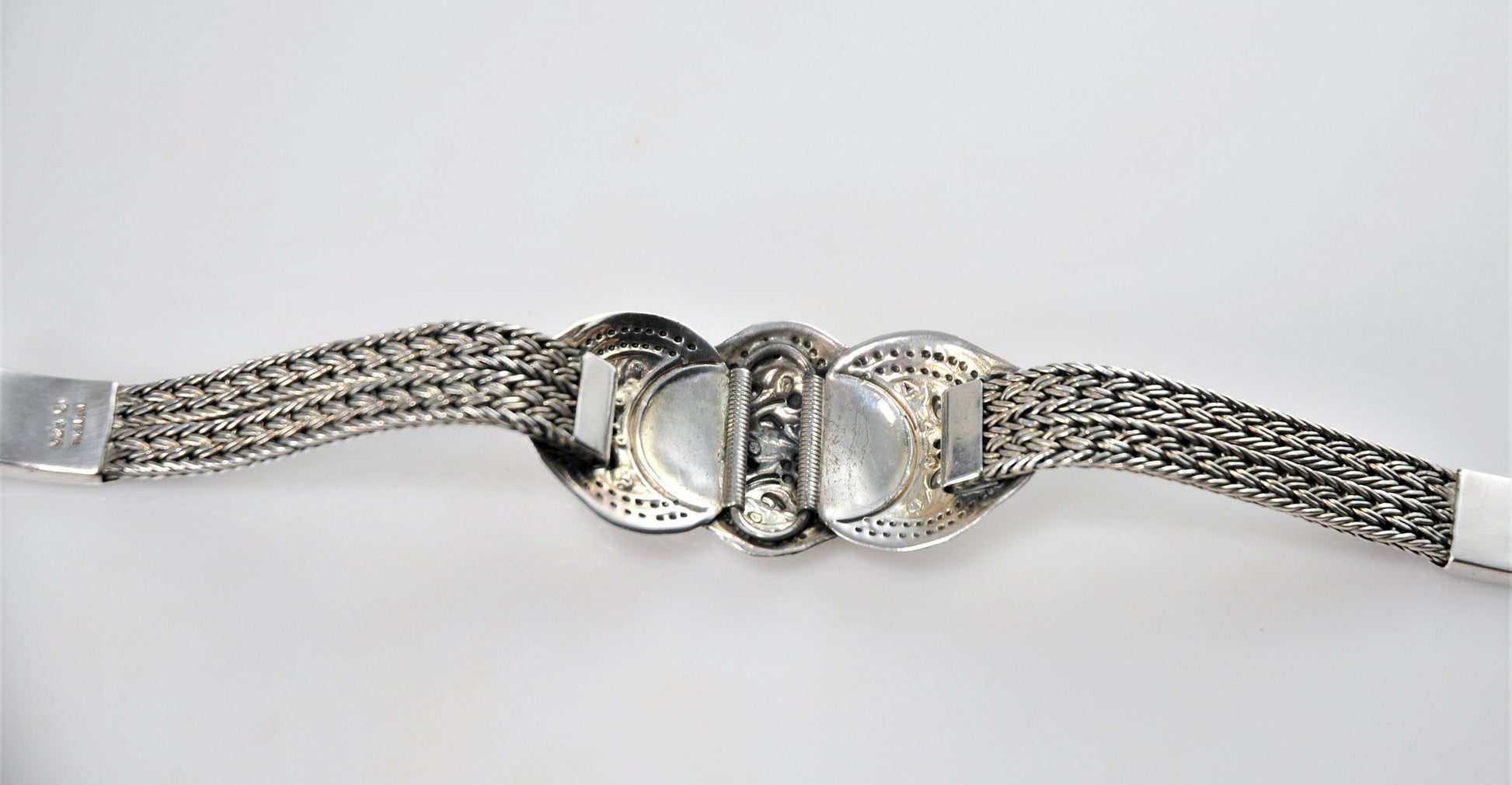 Thailand 925 Double Braided Wheat Bracelet With Repousse Floral Plate - silvervintagejewelry