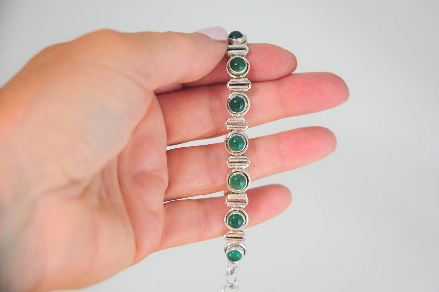 Adjustable Sterling Silver Multi-Stone Green Onyx Bracelet - silvervintagejewelry