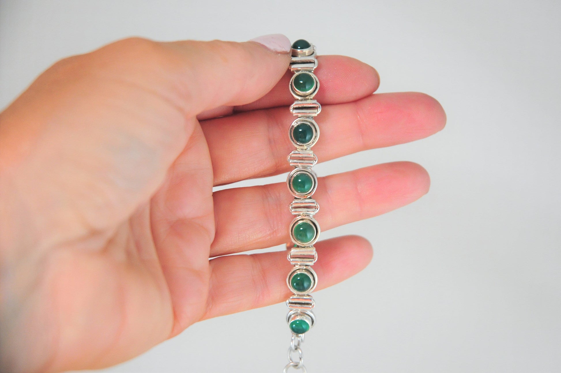 Adjustable Sterling Silver Multi-Stone Green Onyx Bracelet - silvervintagejewelry