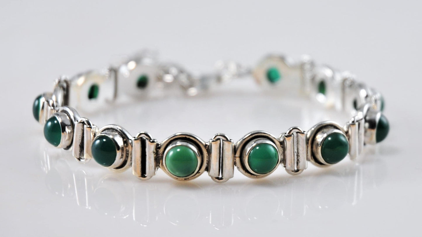 Adjustable Sterling Silver Multi-Stone Green Onyx Bracelet - silvervintagejewelry