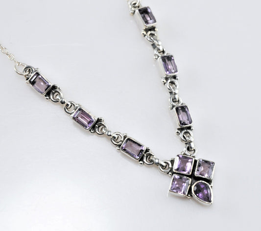 Amethyst Sterling Silver Adjustable Multi-Gem Bib Necklace - silvervintagejewelry