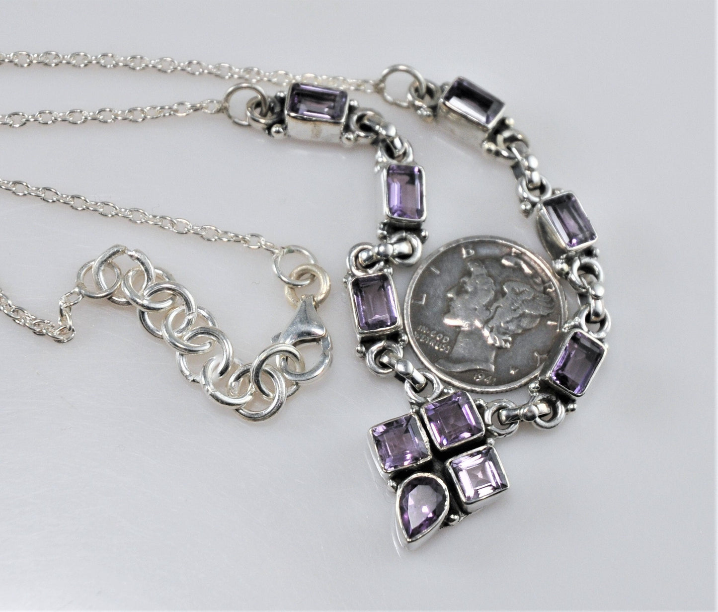 Amethyst Sterling Silver Adjustable Multi-Gem Bib Necklace - silvervintagejewelry